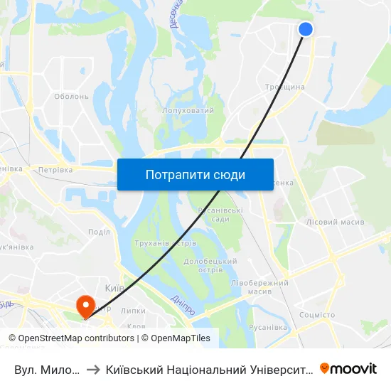 Вул. Милославська to Київський Національний Університет Імені Тараса Шевченка map
