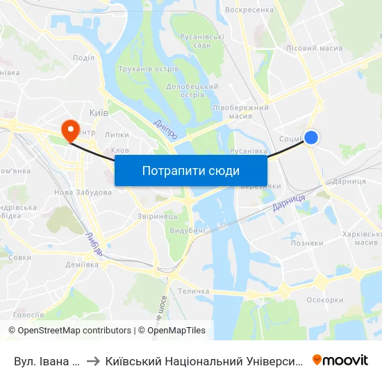 Вул. Івана Сергієнка to Київський Національний Університет Імені Тараса Шевченка map