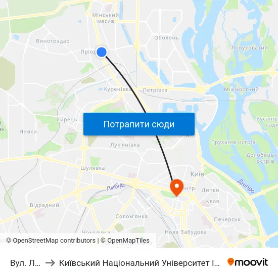 Вул. Лугова to Київський Національний Університет Імені Тараса Шевченка map