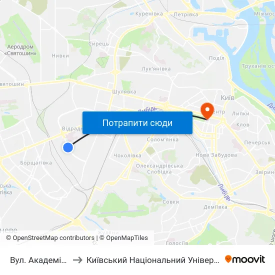 Вул. Академіка Білецького to Київський Національний Університет Імені Тараса Шевченка map