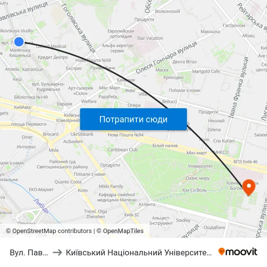Вул. Павлівська to Київський Національний Університет Імені Тараса Шевченка map