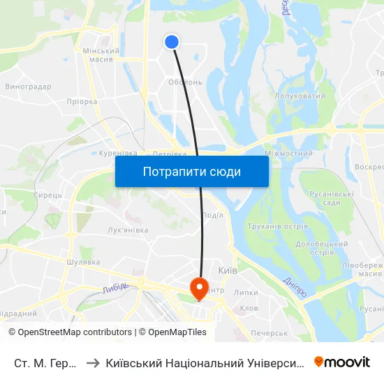 Ст. М. Героїв Дніпра to Київський Національний Університет Імені Тараса Шевченка map