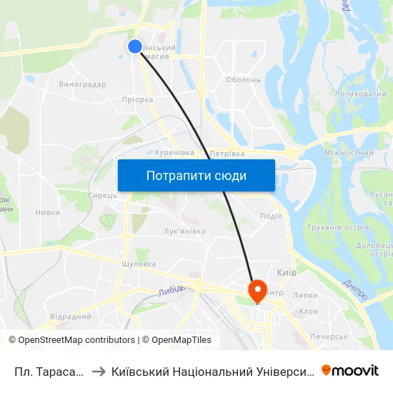 Пл. Тараса Шевченка to Київський Національний Університет Імені Тараса Шевченка map