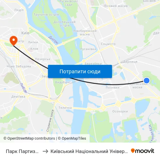 Парк Партизанської Слави to Київський Національний Університет Імені Тараса Шевченка map