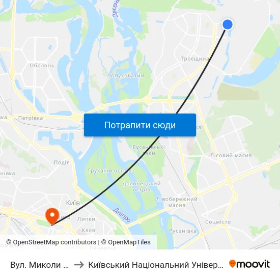 Вул. Миколи Закревського to Київський Національний Університет Імені Тараса Шевченка map