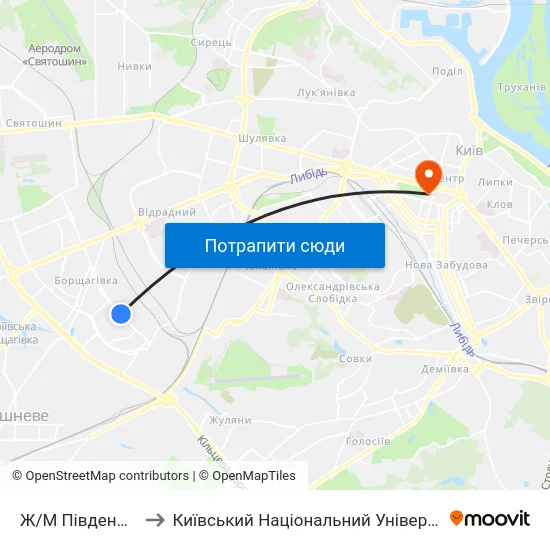 Ж/М Південна Борщагівка to Київський Національний Університет Імені Тараса Шевченка map