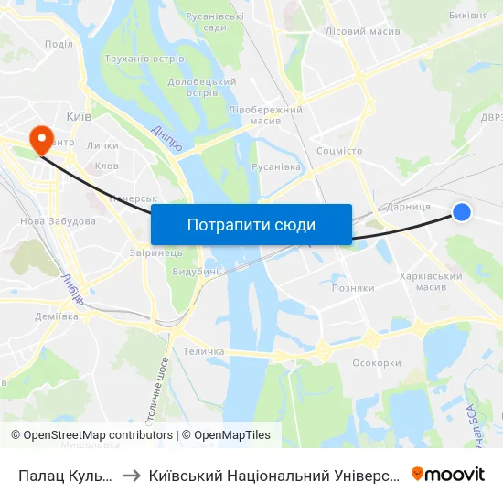 Палац Культури Дніпро to Київський Національний Університет Імені Тараса Шевченка map