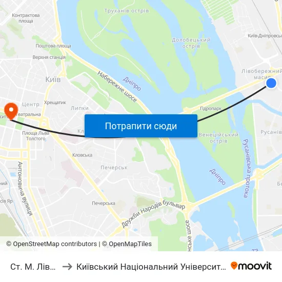 Ст. М. Лівобережна to Київський Національний Університет Імені Тараса Шевченка map