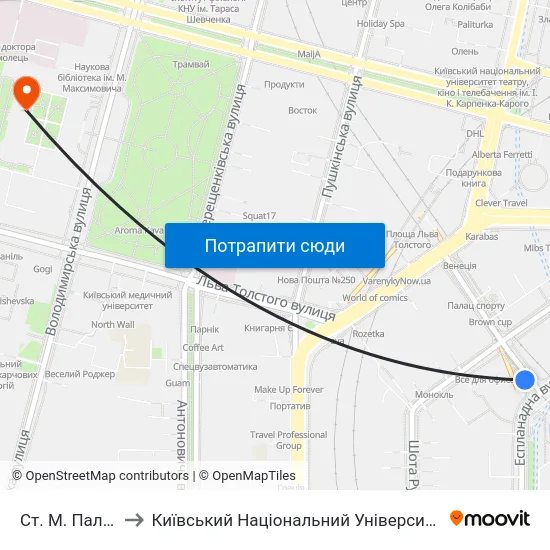 Ст. М. Палац Спорту to Київський Національний Університет Імені Тараса Шевченка map