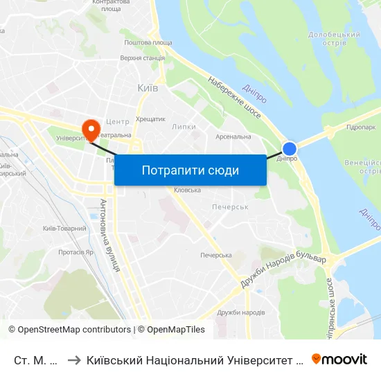 Ст. М. Дніпро to Київський Національний Університет Імені Тараса Шевченка map