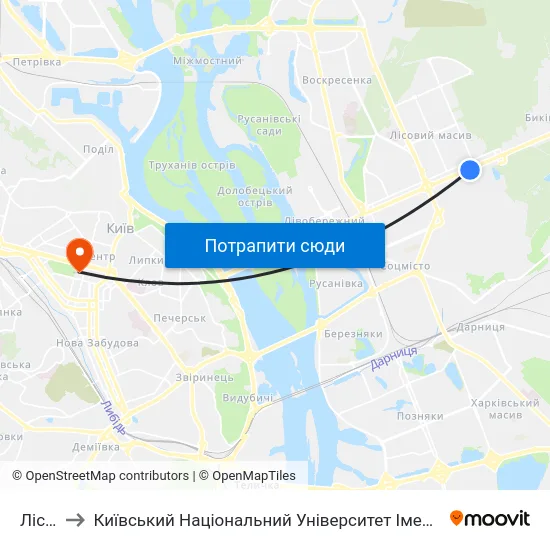 Лісова to Київський Національний Університет Імені Тараса Шевченка map