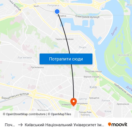 Почайна to Київський Національний Університет Імені Тараса Шевченка map