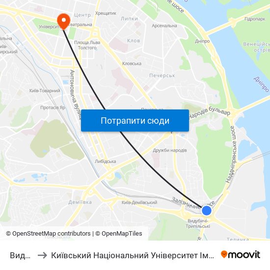 Видубичі to Київський Національний Університет Імені Тараса Шевченка map