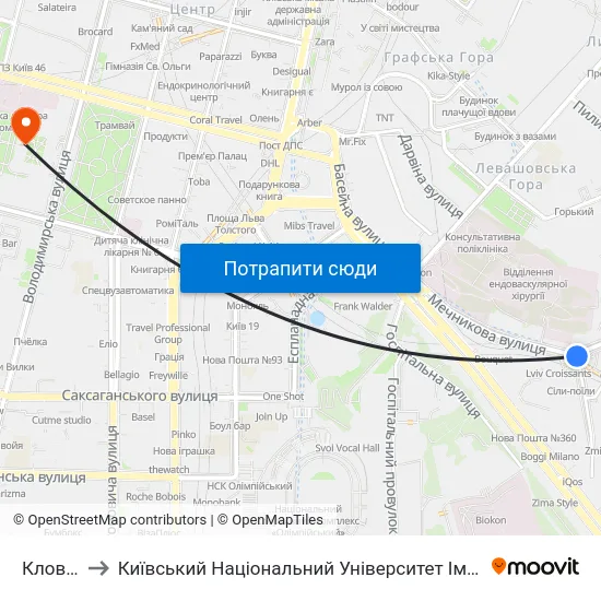 Кловська to Київський Національний Університет Імені Тараса Шевченка map