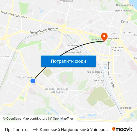 Пр. Повітрофлотський to Київський Національний Університет Імені Тараса Шевченка map