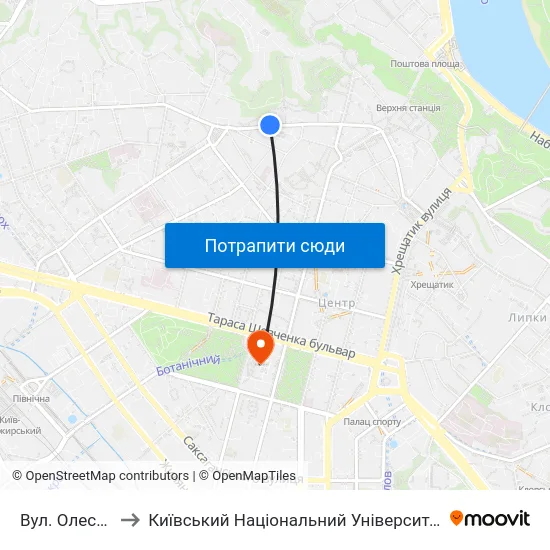 Вул. Олеся Гончара to Київський Національний Університет Імені Тараса Шевченка map