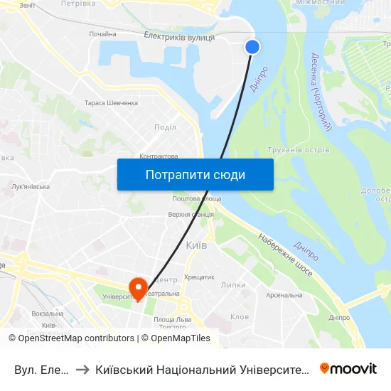 Вул. Електриків to Київський Національний Університет Імені Тараса Шевченка map