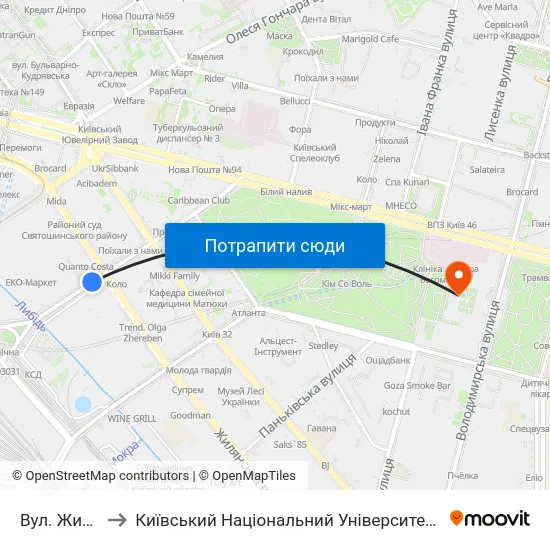 Вул. Жилянська to Київський Національний Університет Імені Тараса Шевченка map