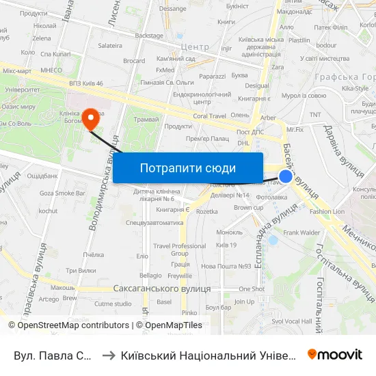 Вул. Павла Скоропадського to Київський Національний Університет Імені Тараса Шевченка map