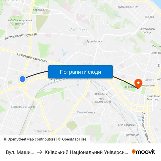 Вул. Машинобудівна to Київський Національний Університет Імені Тараса Шевченка map