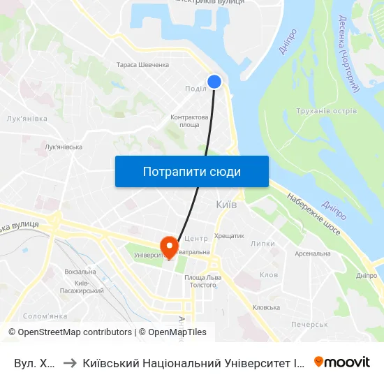 Вул. Хорива to Київський Національний Університет Імені Тараса Шевченка map