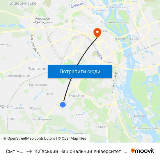 Смт Чабани to Київський Національний Університет Імені Тараса Шевченка map
