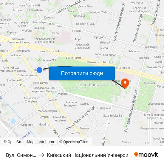 Вул. Симона Петлюри to Київський Національний Університет Імені Тараса Шевченка map