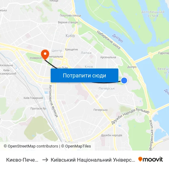 Києво-Печерська Лавра to Київський Національний Університет Імені Тараса Шевченка map