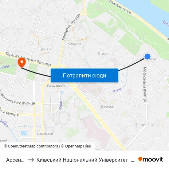 Арсенальна to Київський Національний Університет Імені Тараса Шевченка map