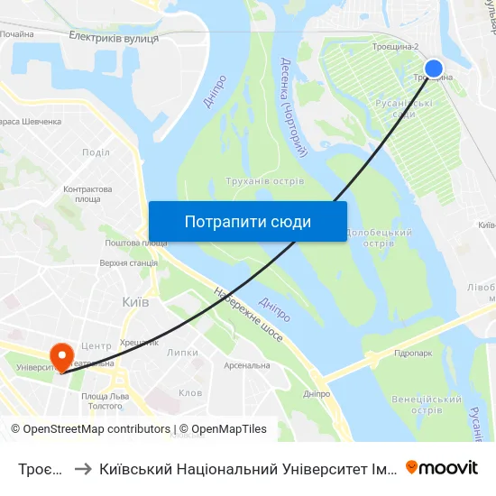 Троєщина to Київський Національний Університет Імені Тараса Шевченка map