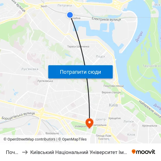 Почайна to Київський Національний Університет Імені Тараса Шевченка map