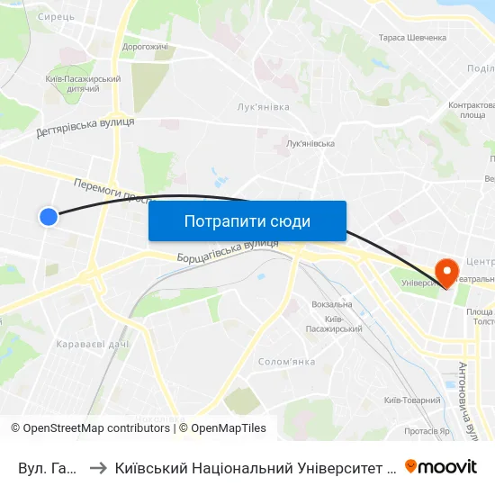 Вул. Гарматна to Київський Національний Університет Імені Тараса Шевченка map
