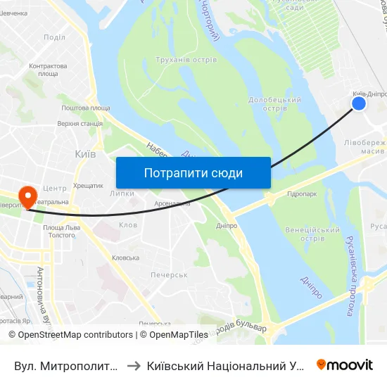 Вул. Митрополита Андрея Шептицького to Київський Національний Університет Імені Тараса Шевченка map