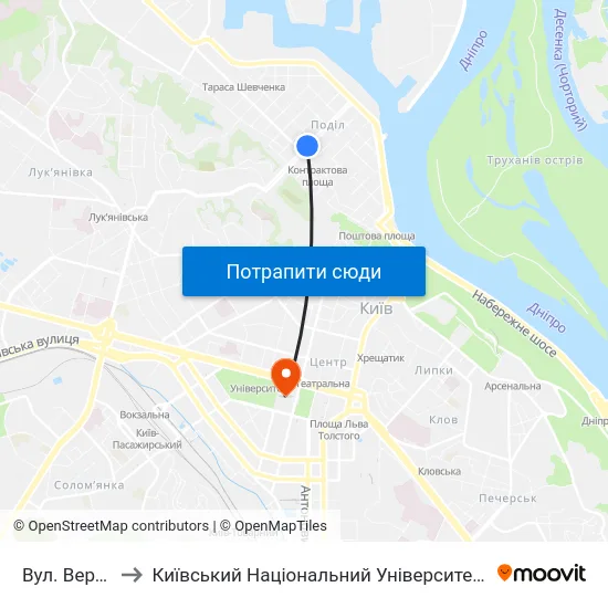Вул. Верхній Вал to Київський Національний Університет Імені Тараса Шевченка map