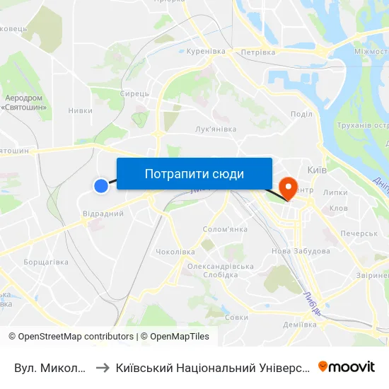 Вул. Миколи Василенка to Київський Національний Університет Імені Тараса Шевченка map