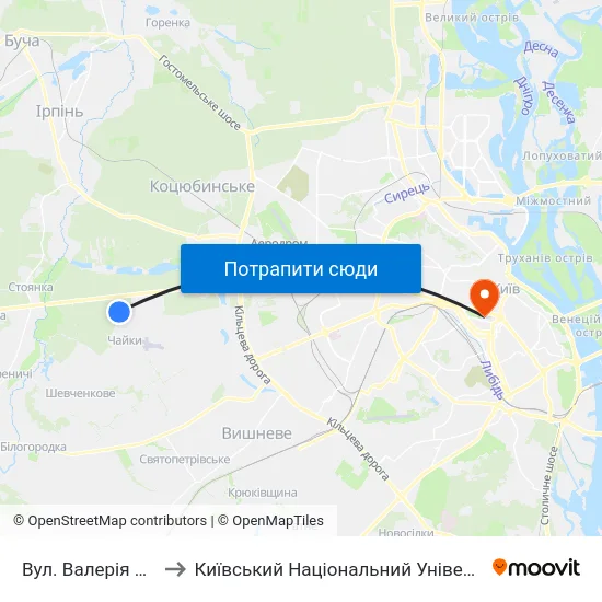 Вул. Валерія Лобановського to Київський Національний Університет Імені Тараса Шевченка map