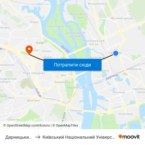 Дарницький Універмаг to Київський Національний Університет Імені Тараса Шевченка map