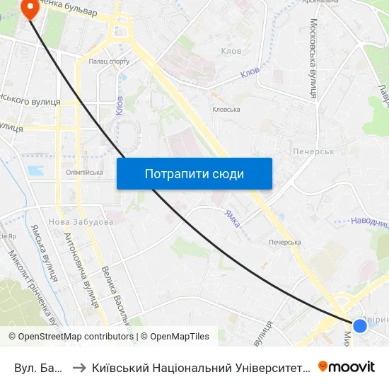 Вул. Бастіонна to Київський Національний Університет Імені Тараса Шевченка map
