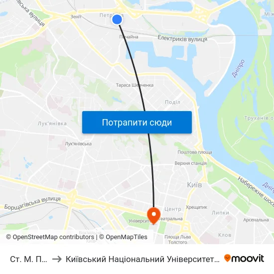 Ст. М. Почайна to Київський Національний Університет Імені Тараса Шевченка map