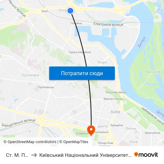 Ст. М. Почайна to Київський Національний Університет Імені Тараса Шевченка map