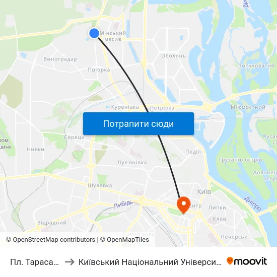 Пл. Тараса Шевченка to Київський Національний Університет Імені Тараса Шевченка map