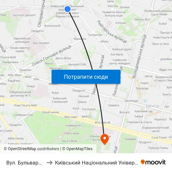 Вул. Бульварно-Кудрявська to Київський Національний Університет Імені Тараса Шевченка map
