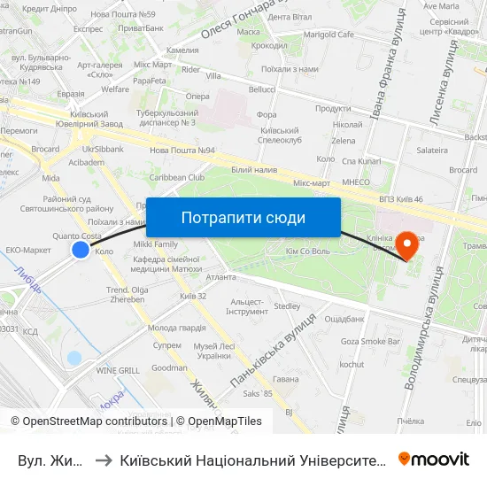 Вул. Жилянська to Київський Національний Університет Імені Тараса Шевченка map