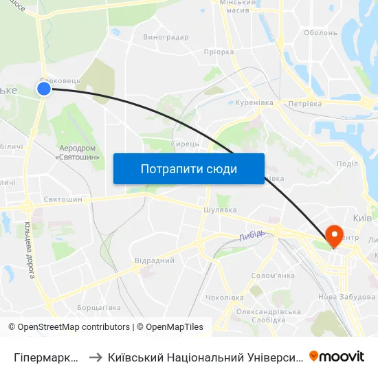 Гіпермаркет Епіцентр to Київський Національний Університет Імені Тараса Шевченка map