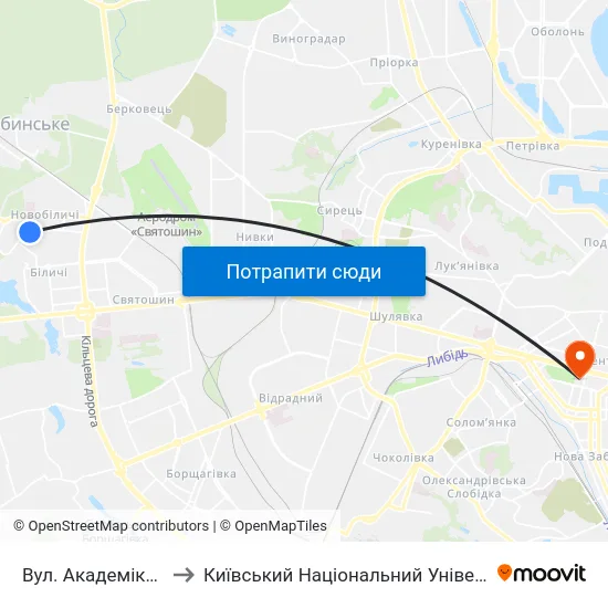 Вул. Академіка Булаховського to Київський Національний Університет Імені Тараса Шевченка map