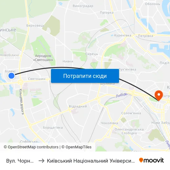 Вул. Чорнобильська to Київський Національний Університет Імені Тараса Шевченка map