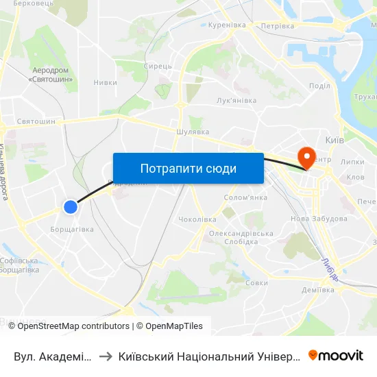 Вул. Академіка Корольова to Київський Національний Університет Імені Тараса Шевченка map