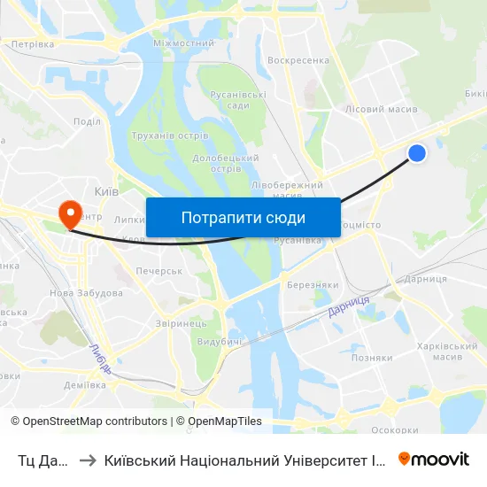 Тц Даринок to Київський Національний Університет Імені Тараса Шевченка map