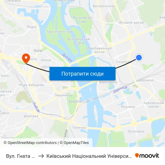 Вул. Гната Хоткевича to Київський Національний Університет Імені Тараса Шевченка map