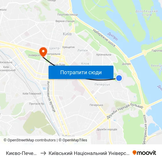 Києво-Печерська Лавра to Київський Національний Університет Імені Тараса Шевченка map